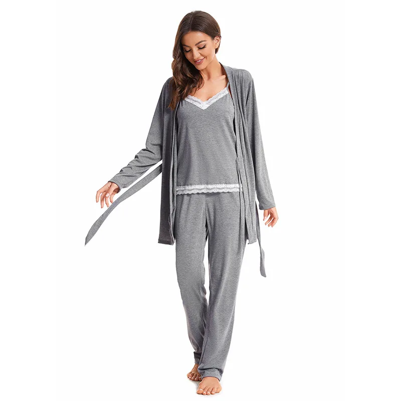 

New Ladies Pajamas 3PCS Cardigan+Camisole+Pants Sets Solid Women Comfort Homewear Large Size Femme Sleepwear Loose Home Clothes