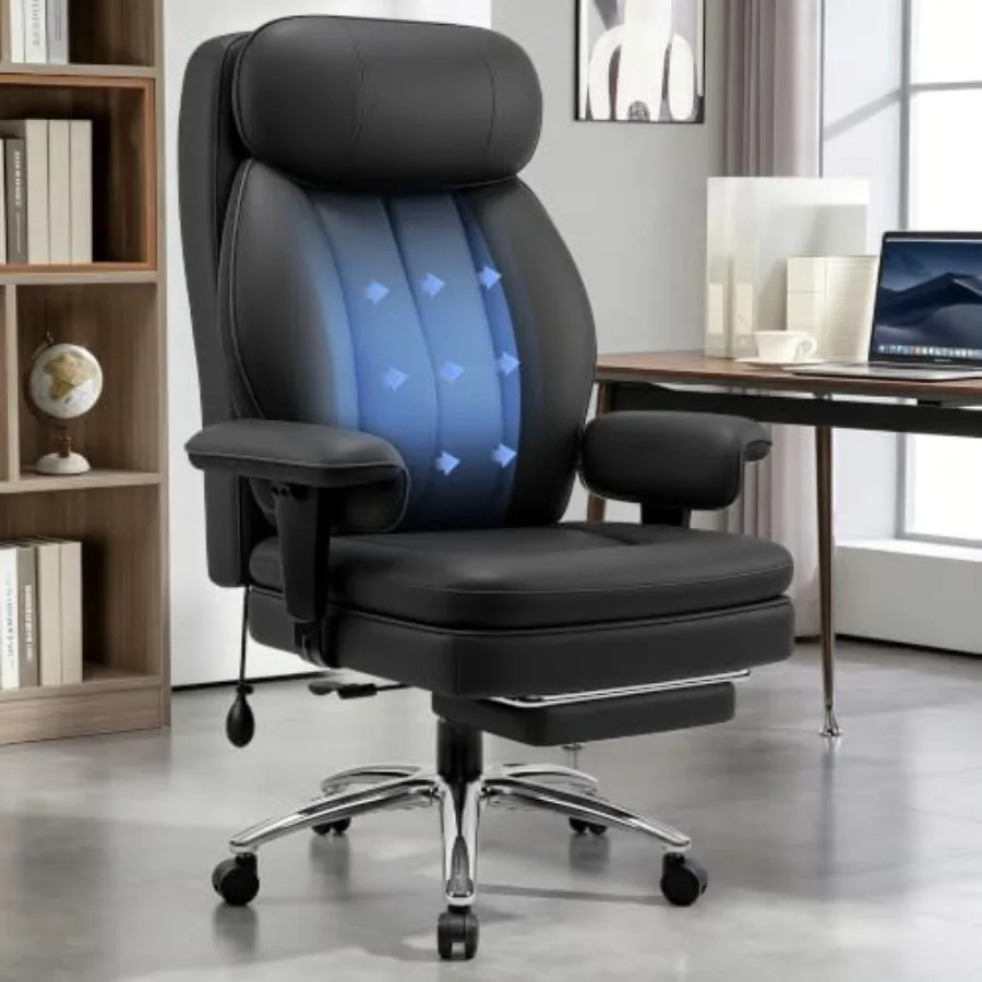 Big and Tall Office Chair with Lumbar Support, Executive Black Leather, Heavy Duty Comfortable Gaming Chair with Double Layer C