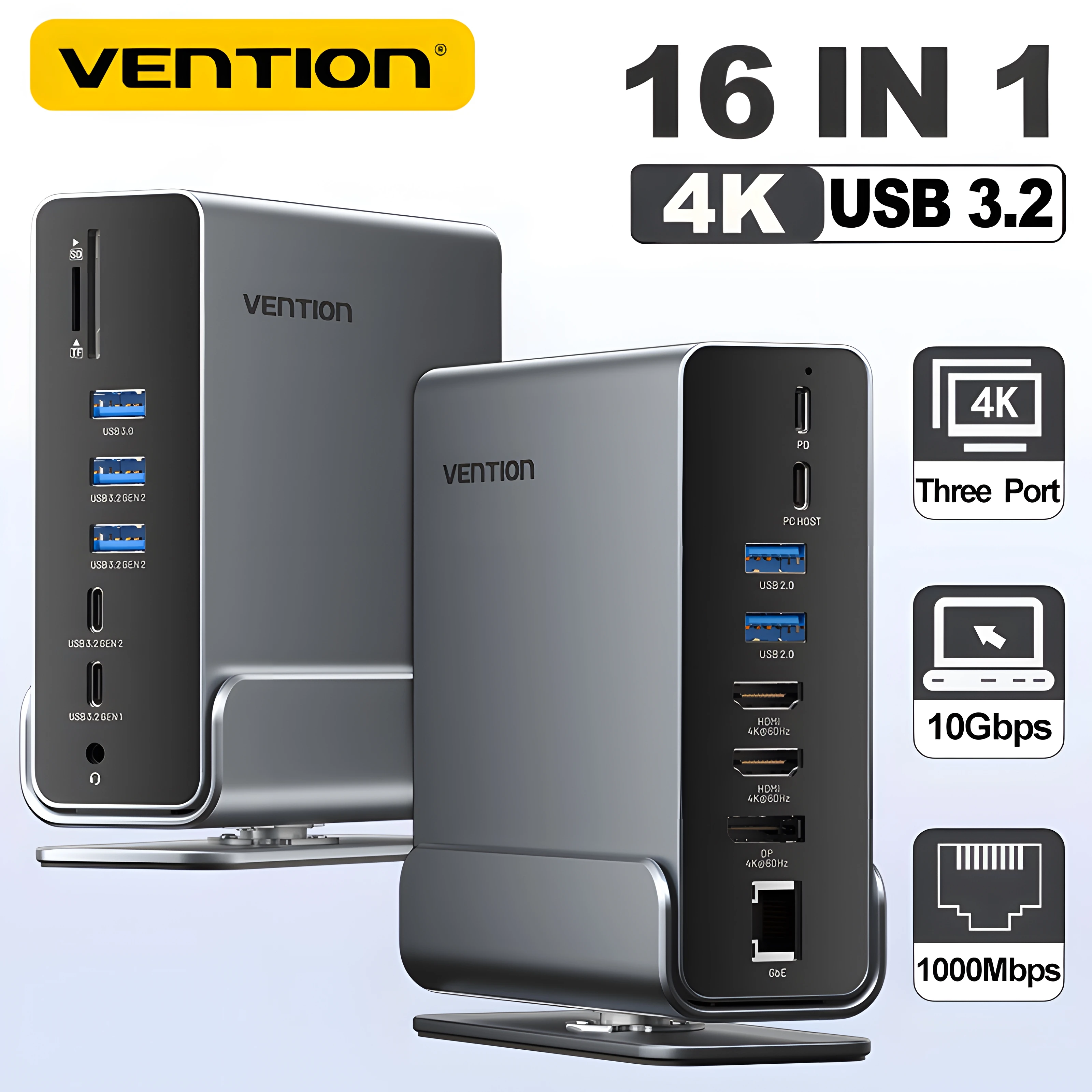 Vention 16 in 1 USB C Docking Station 4K HDMI Triple Monitor Hub USB 3.2 10Gbps RJ45 1000M 100W for Windows PC Laptop HP MacBook