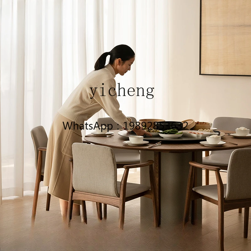 H3-24  Nordic log wind dining table solid wood large round table turntable household dining table