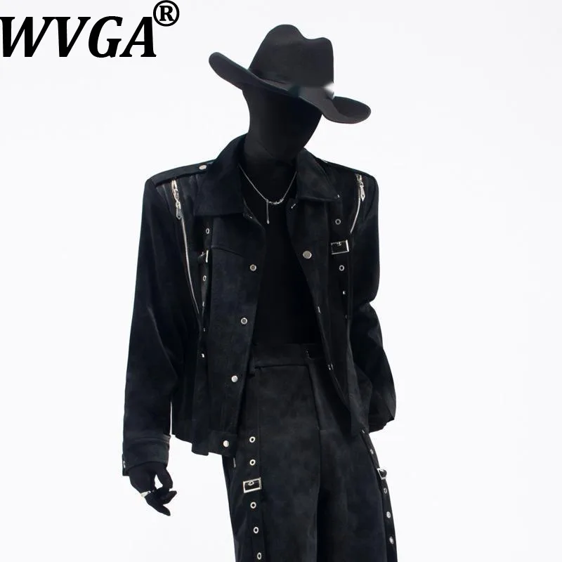 

WVGA Spring Autumn New Man High Street Personality Metal Trendy PU Leather Long Sleeve Jacket Niche Chic Casual Pants Ins W13079