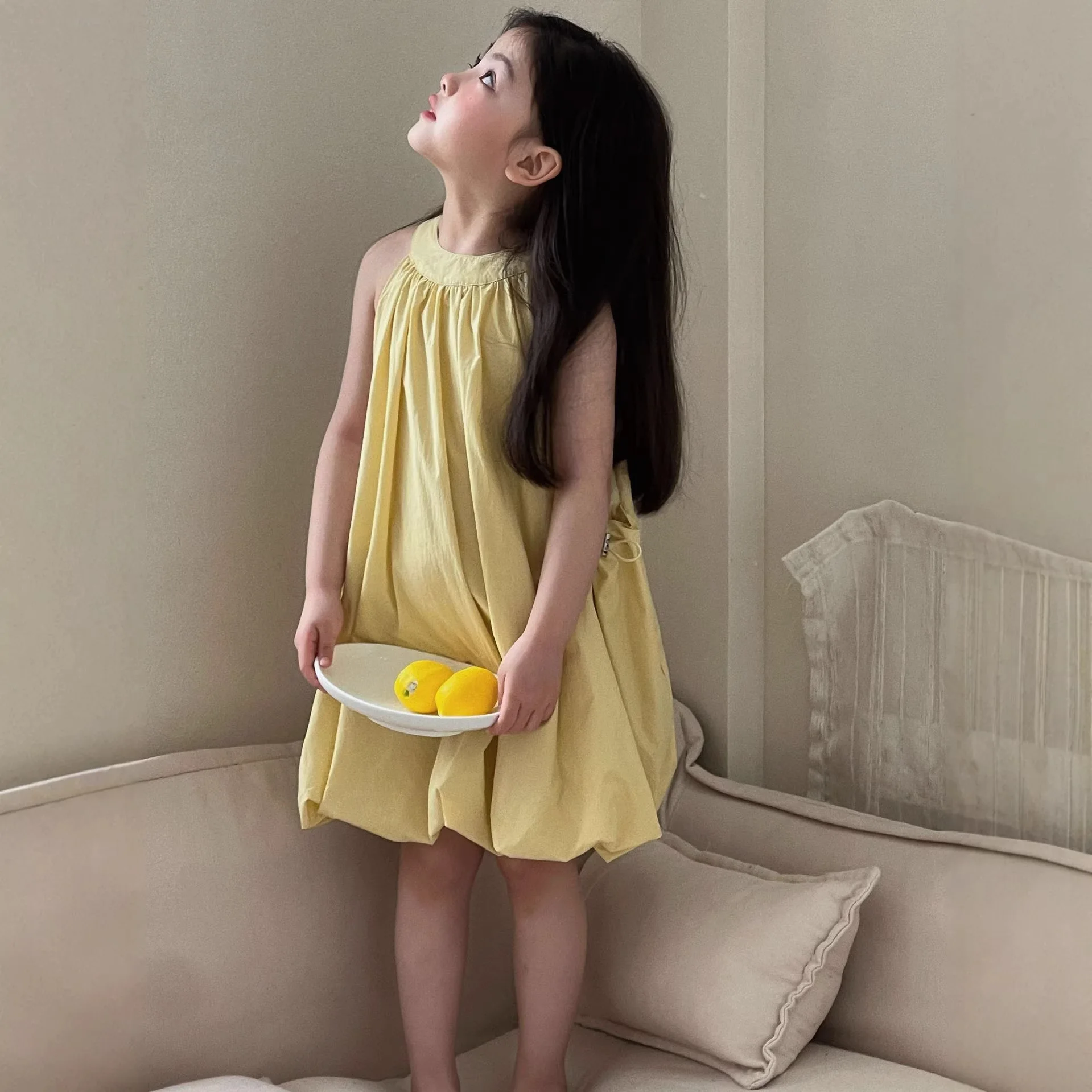 

Girls' Dress 2026 Spring Summer New Yellow Tank Top Skirt Fashionable Girls' French Hanging Neck Flower Bud Dress