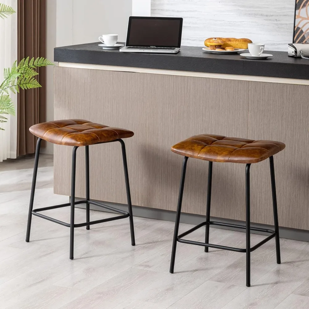 

24” Square Tufted Counter Bar Stools Set of 2, Breathable Faux Leather Upholstered Barstool with Footrest, Backless Stool for K