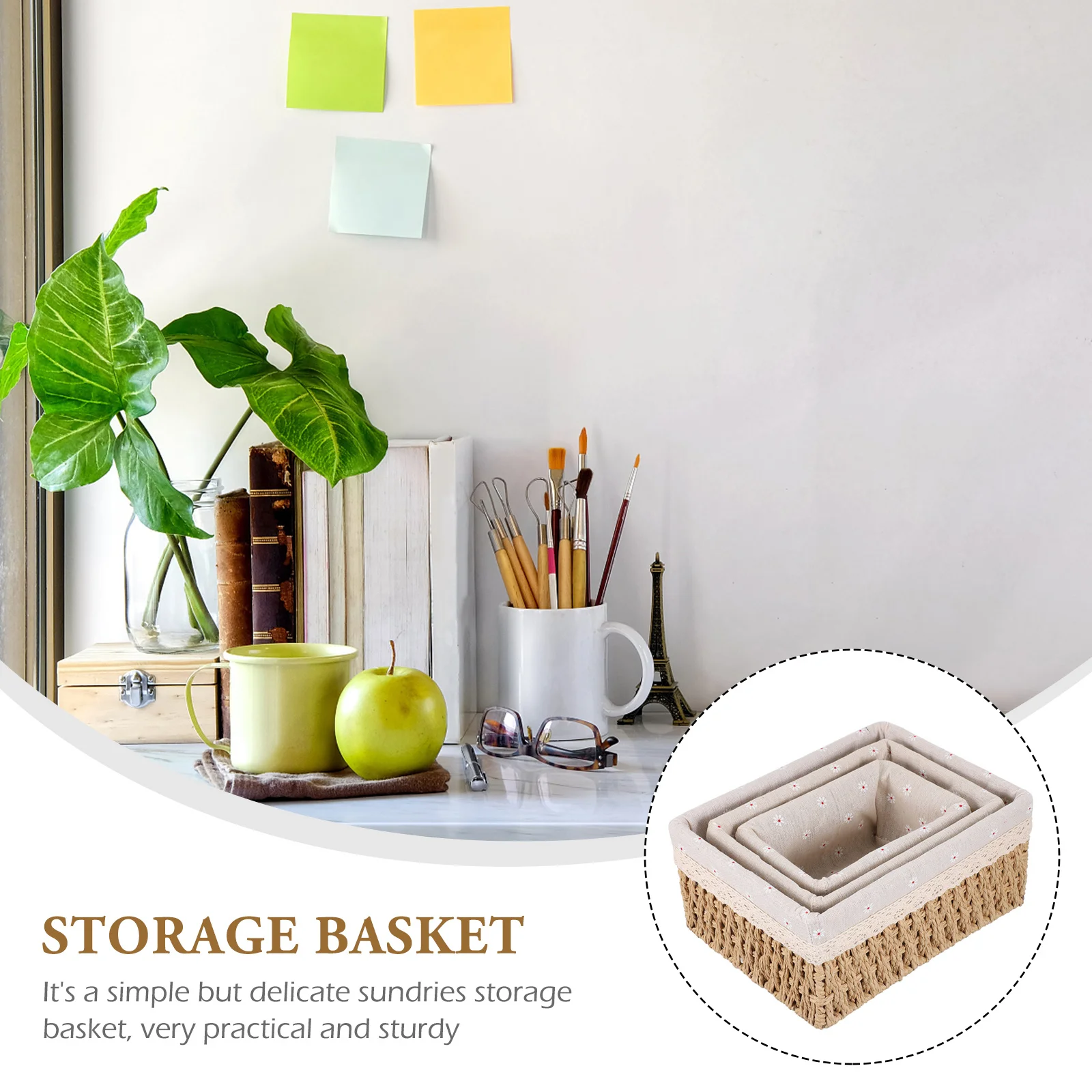 

3pcs Rattan Storage Basket Lined Woven Sundries Case Trash Can Office Home ganizer Box Desk Tidy Household Storage Solution