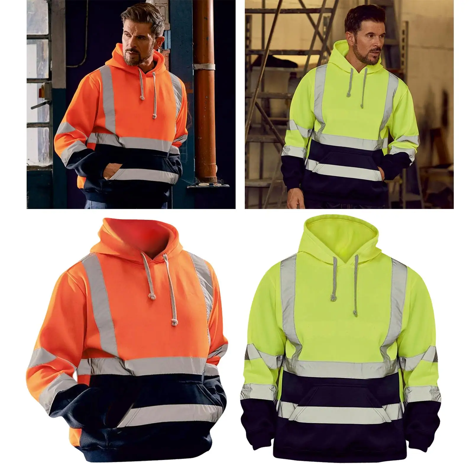 Safety Hi Vis Pullover Mens Hooded Sweatshirt Streetwear Tops Warehouse Work Roadside Emergency