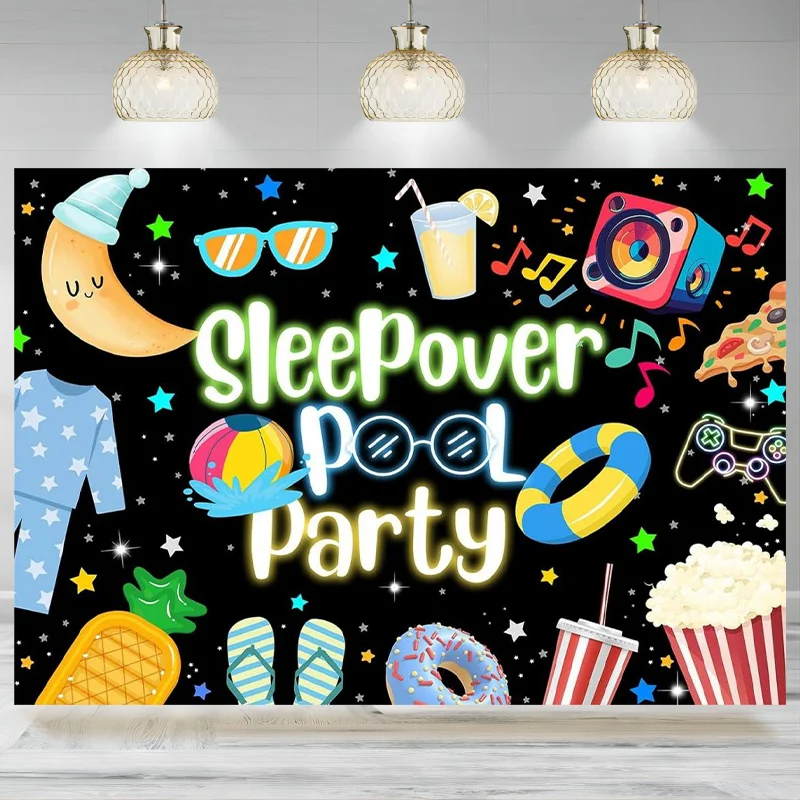 Sleepover Pool Party Backdrop Pajamas Slumber Summer Photography Background Sleepover Birthday Decoration Cake Table Banner