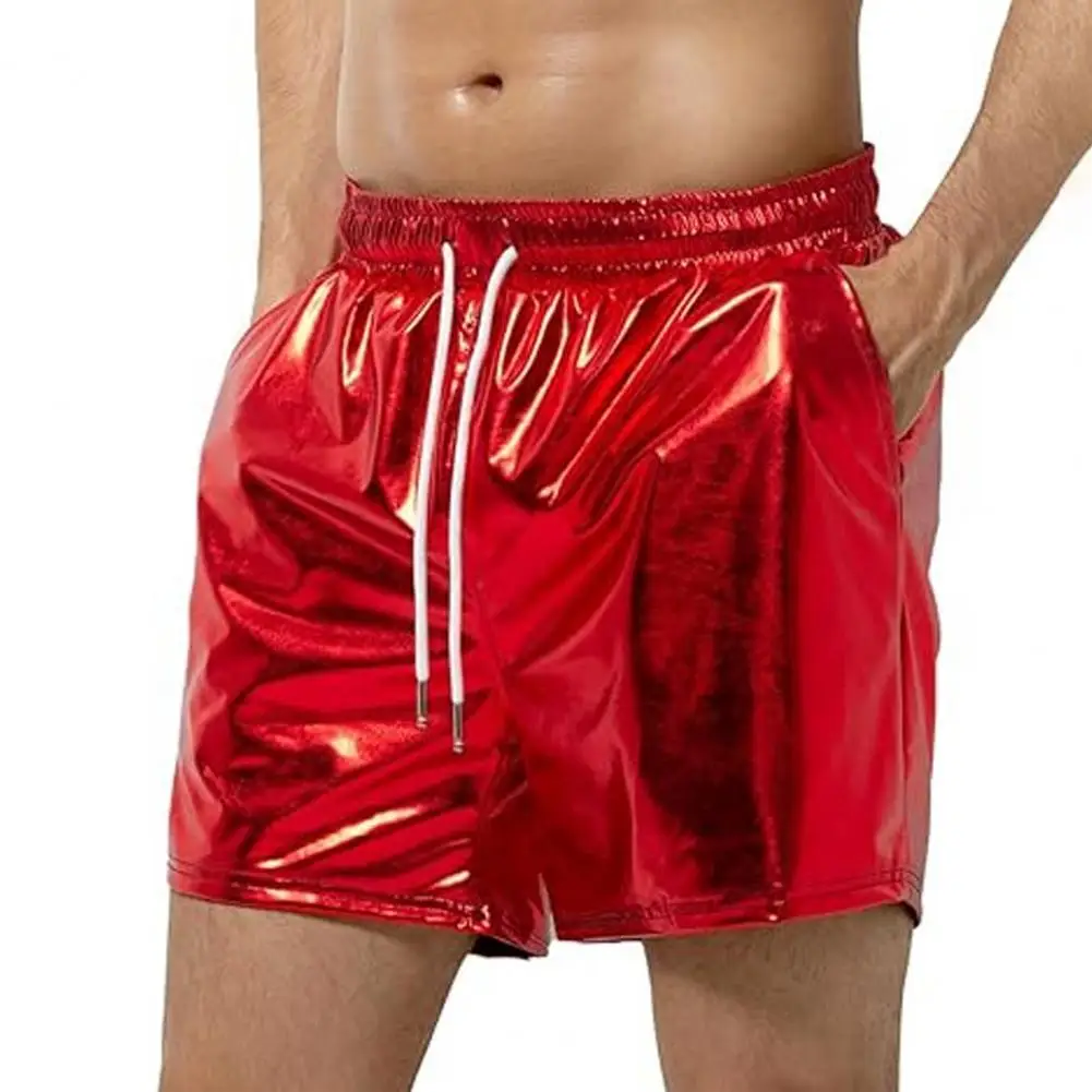 Sparkling Men Shorts Bright Color Shiny Shorts Elastic Waist Adjustable Drawstring Wide Leg Shorts Beach Casual Short Pants