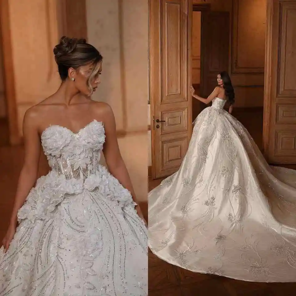 

Exquisite Ball Gown Sequins Wedding Dresses Sweetheart Neck Sleeveless Bridal Gowns 3D Flowers Customized Vestidos De Novia