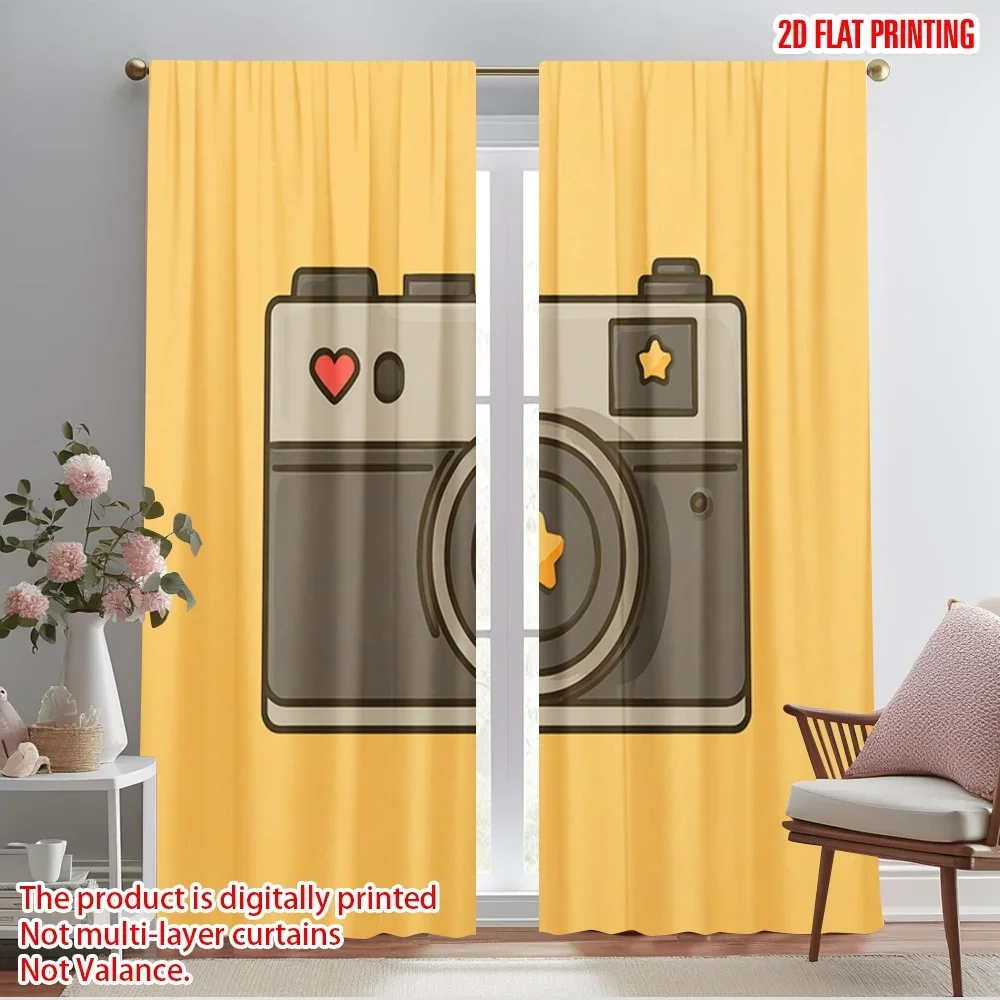 2pcs,2D plane printing Curtains Digital Printed Retro Camera Drawing Versatile Durable Polyester (without rod) Festive Perfect