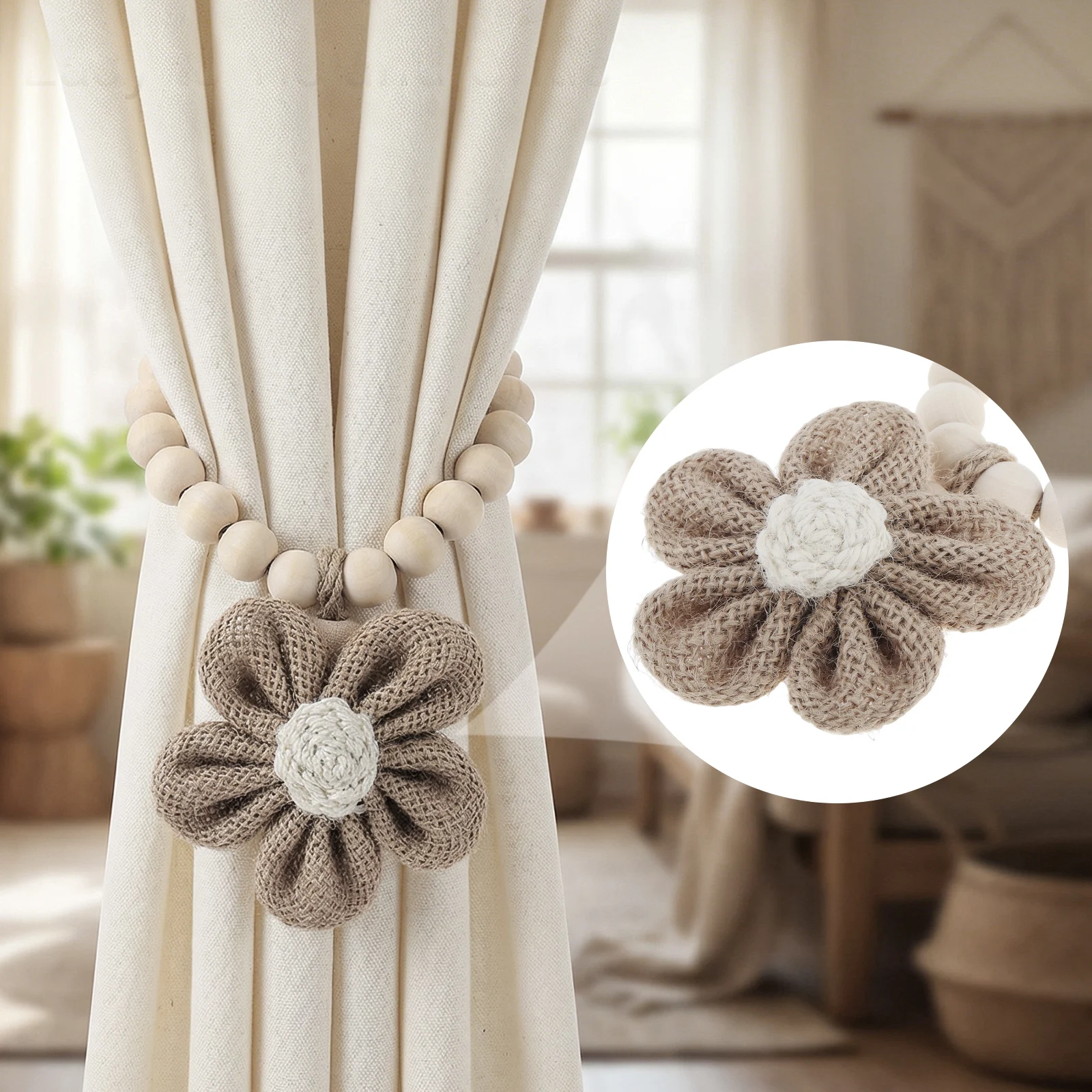 2 Pcs Lovely Flower Magnetic Curtain Holder Tiebacks for Bedroom Classic Style Wooden Bead Curtains Tie Backs Strap Clip Buckle