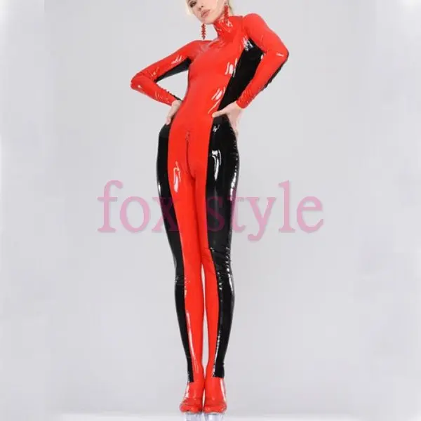 

fashion nature latex rubber catsuit with two color attached foot