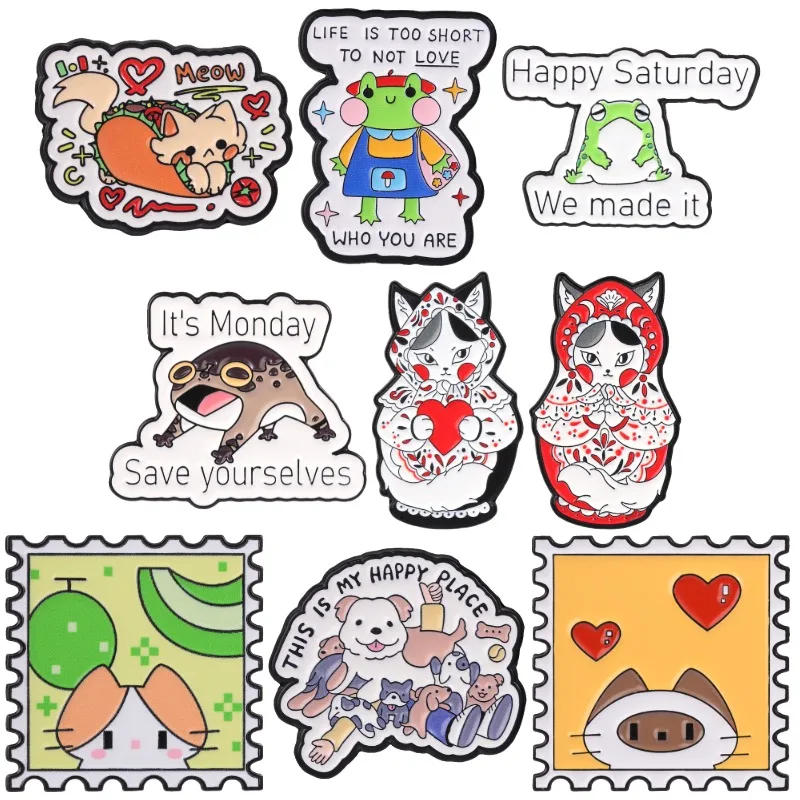 Cute Cartoon Animal Badges Frog Quote Russian Doll Stamp Taco Kitten Enamel Pin Happy Place Dogs Brooch Accessories