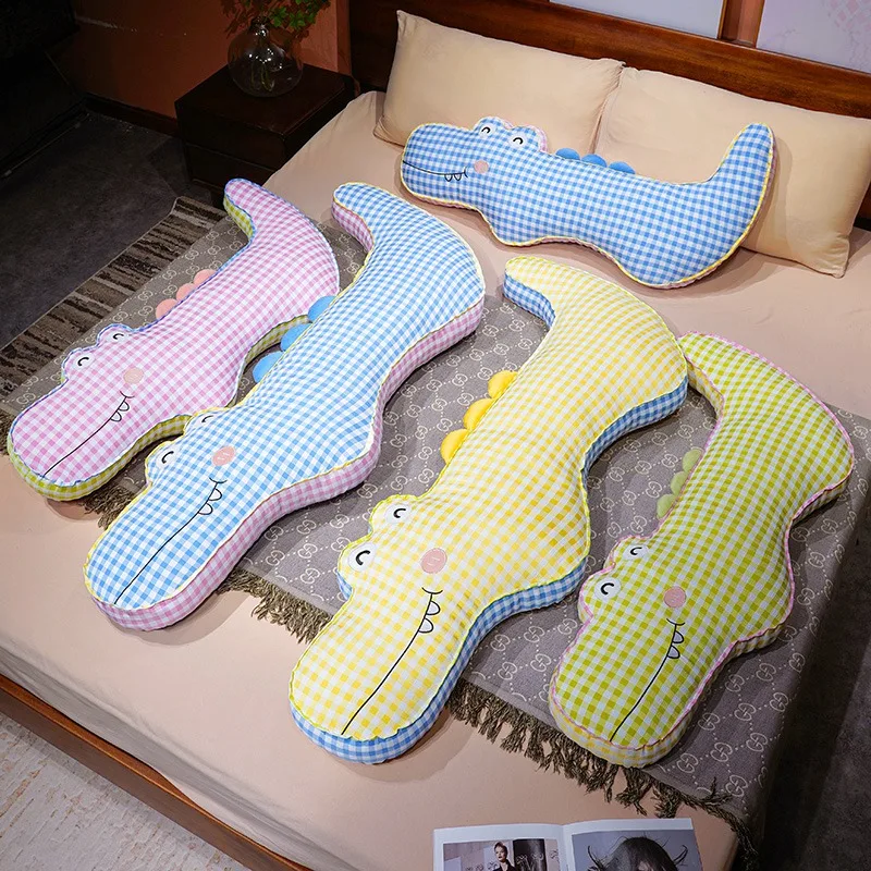 Kawaii Grid Plaid Crocodile Body Pillow Soft Cotton Cartoon Smiling Crocodile Stuffed Long Cushion Multi-purpose toy for gifts.