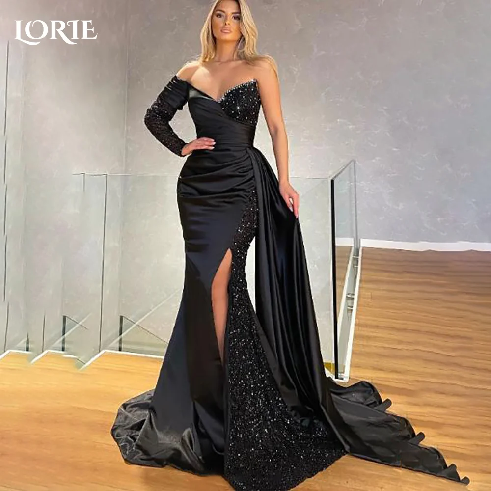 

LORIE Black One Shoulder Slit Formal Evening Dresses Elegant Mermaid Pleats Shiny V Neck Arabia Prom Gown Party Dress Customized