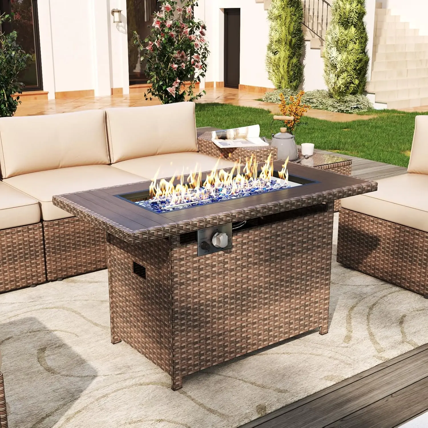 

Aoxun 44" Propane Fire Pit with Storage 60,000 BTU Outdoor Wicker Fire Table CSA Certified Patio Rectangular Gas Fire Pit Table