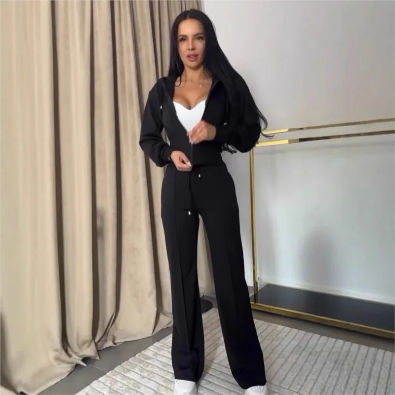 Spring Autumn Short Zipper Hooded Tops Women\'s Suit Solid Color Fashion Slim Simple Elegant Female Sweatpants 2 Piece Set 2025