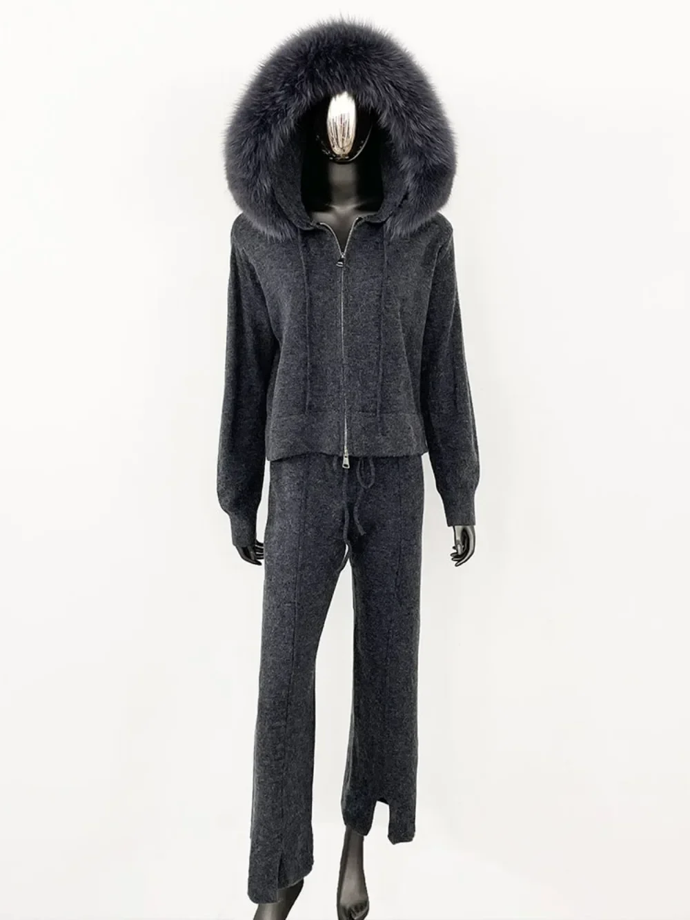 OFTBUY Knitwear Autumn and Winter Fashionable Sweater Suit Women Trousers Hooded Jacket with Detachable Fox Fur Collar Fur Coat