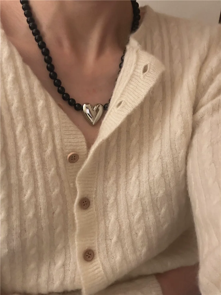 Brass Black Jade Heart Pendant Necklace Women Jewelry Punk Designer Runway Rare Gown Boho Japan Korean