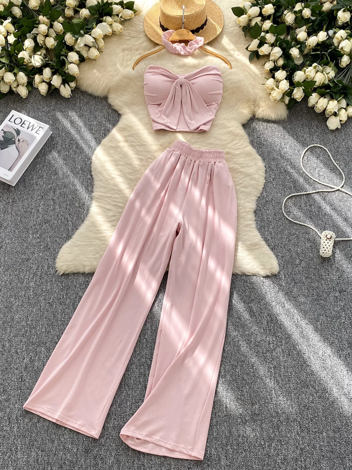 

Ele mat Collar Tube Top High Waist Slimming Pants Set Women Summer Faion Ensemble Tapered Long Pants
