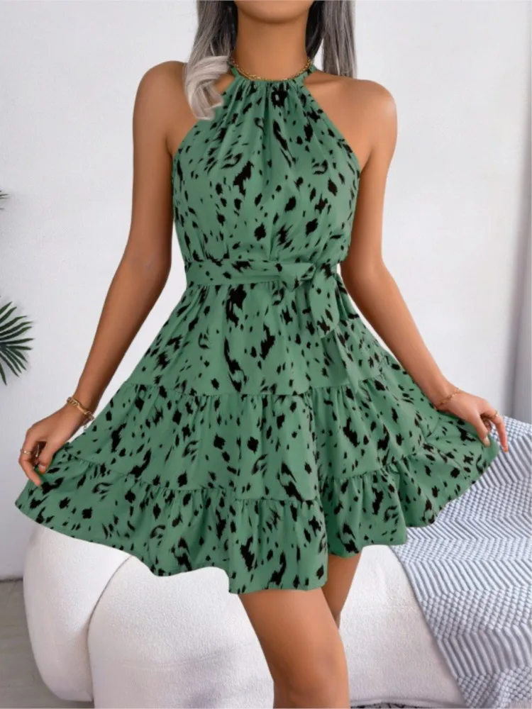 

2025 Spring Summer Leisure Leopard Pattern Ruffle Hanging Neck Dress Women Sexy Off The Shoulder Backless Lace-Up Mini Dresses