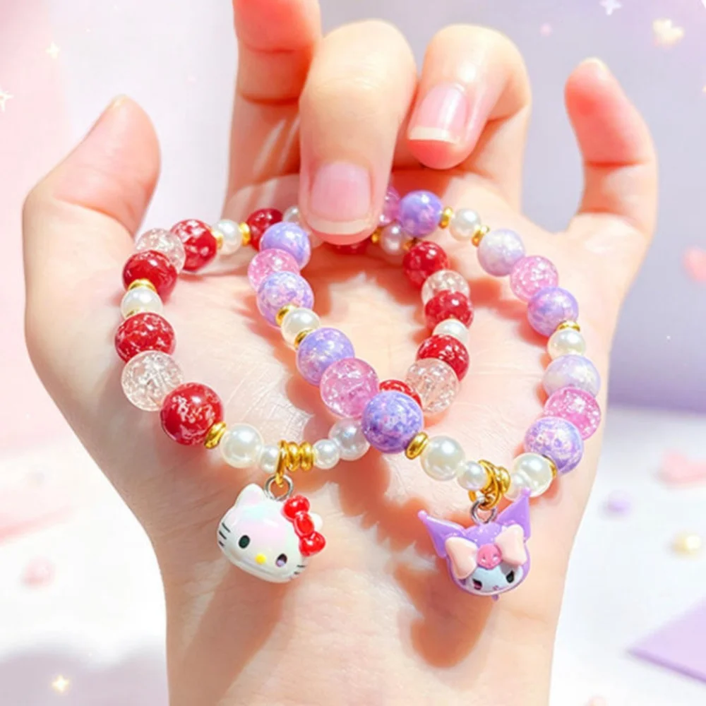 Cartoon Charm Beaded Bracelet, Hello Kitty Kuromi Pendant Colorful Crackle Crystal Beads Imitation Pearl Bracelet