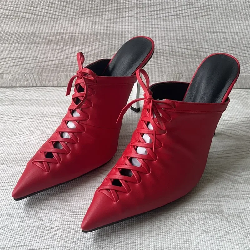 

European and American Summer Sexy Metal High Heels Pointed Skirts Fashion Slippers Women's Bow Decoration Red Wedding Shoes