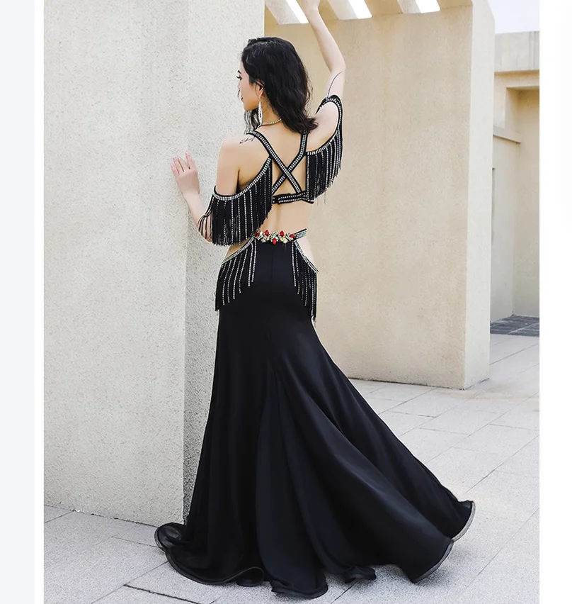 Belly dance performance costume atmospheric tassel dynamic double slit big swing skirt