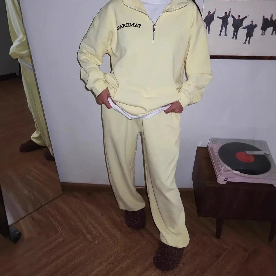 

Fashionable Women's Sports Suit, Solid Color Loose Lapel, Long-sleeved Top, Straight-leg Pants, 2025 Women's Casual Sports Suit