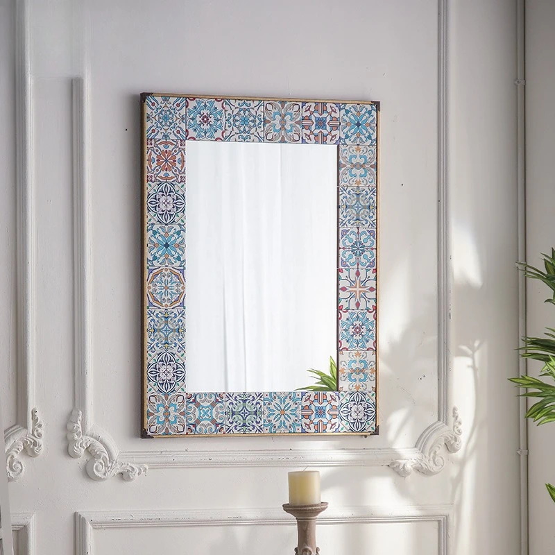 Embossed painted mirror B & B creative bathroom French retro wall-mounted dressing palace style square mirror