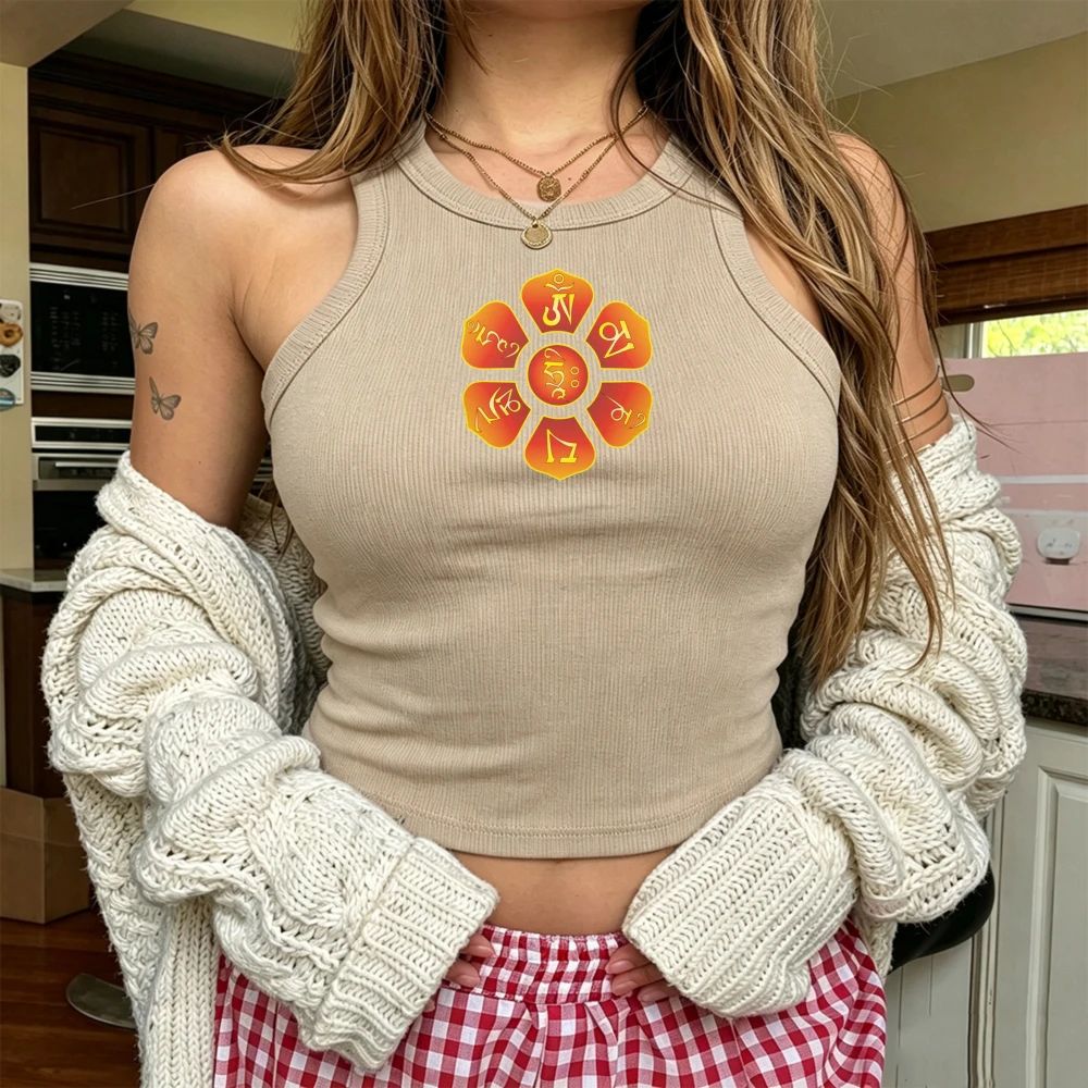 Om Mani Padme Hum Lotus Mantra Spiritual Graphic Sleeveless Slim Fit Women Cami Vest Y2K Boho Yoga Meditation Casual Tops