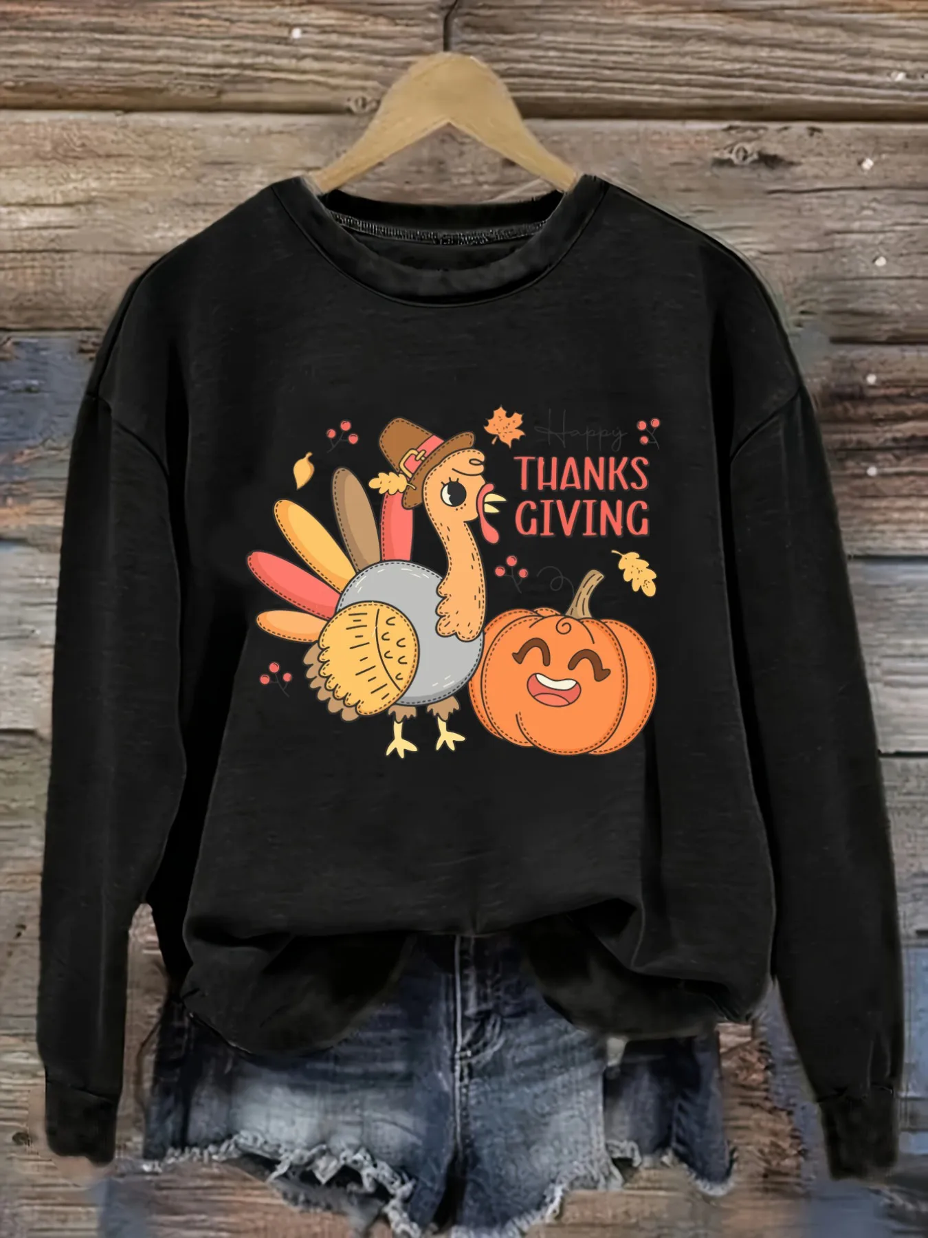 Women's Casual Long Sleeve Crew Neck T-Shirt Happy Thanksgiving Turkey Pumpkin Print Design, Round Neck Women's Clothing, Machine Washable, Slightly Elastic, Loose Fit, Spring Autumn Winter Women's T-Shirt, Halloween Costume Outfit