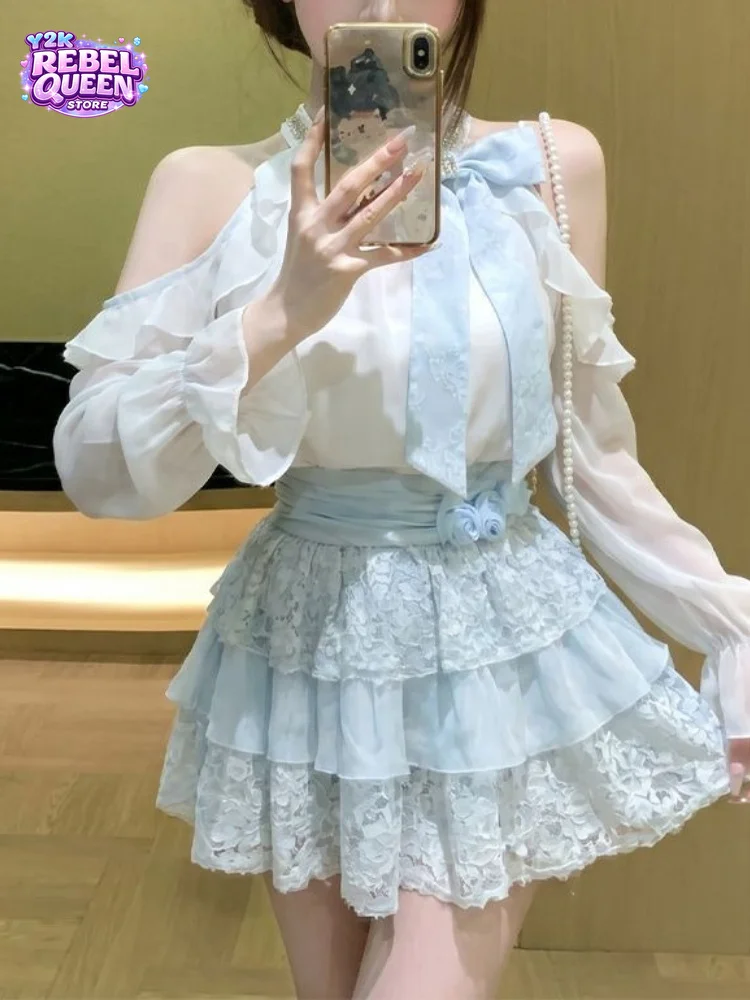French Elegant Sweet Lace Chiffon Dress Women Slim Cold Shoulder Halter Bow Ruffle Mini Dress Summer Princess Chic Party Outfit