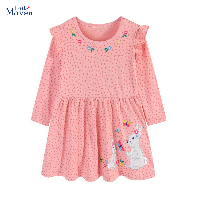 Little maven Baby Girls 2026 Spring Autumn Dress Kids Clothes Long Sleeve Cartoon Rabbits Dress Children's Clothing Cotton