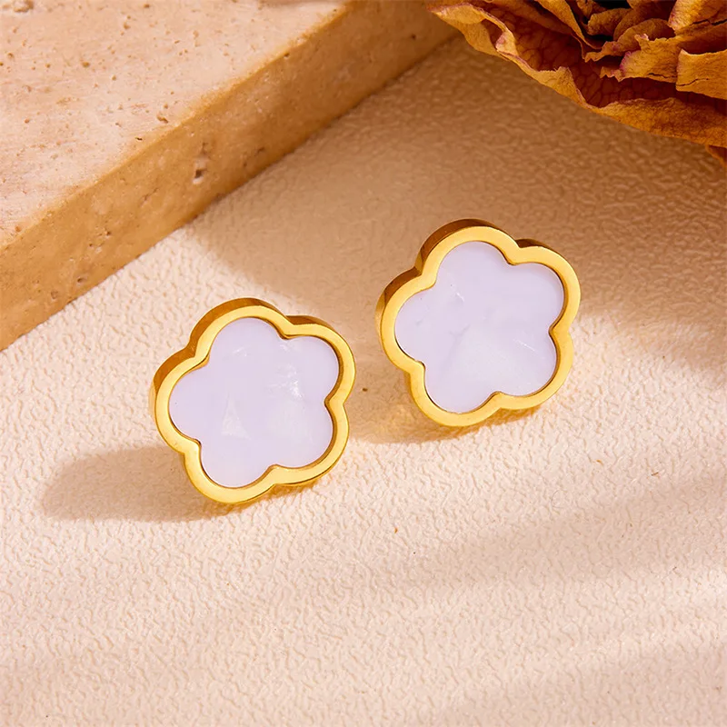 IFYOUOO Stainless Steel White Five Leaf Flower Necklace Bracelets Earring For Women Fashion Waterproof Clover Jewelry Gift image 4