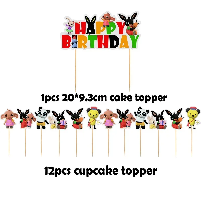 Cartoon Rabbits Balloons Red Black Bings Toys Happy Birthday Banner Cake Topper Kids Toy Birthday Party Decoration Supplies