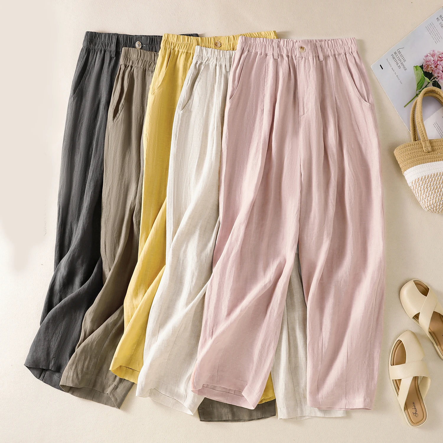 Cotton and Linen Hallen Pants Women's Spring and Summer New Fashionable Korean Style High Waist Thin Casual Ankle-length Pants