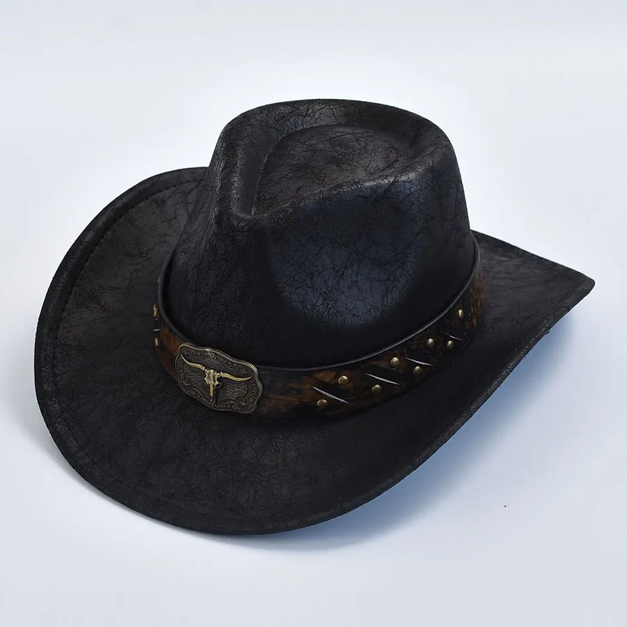 Men Women Western Cowboy Hats Faux Leather Vintage Gentleman Cowgirl Jazz Hats Sombrero Hombre