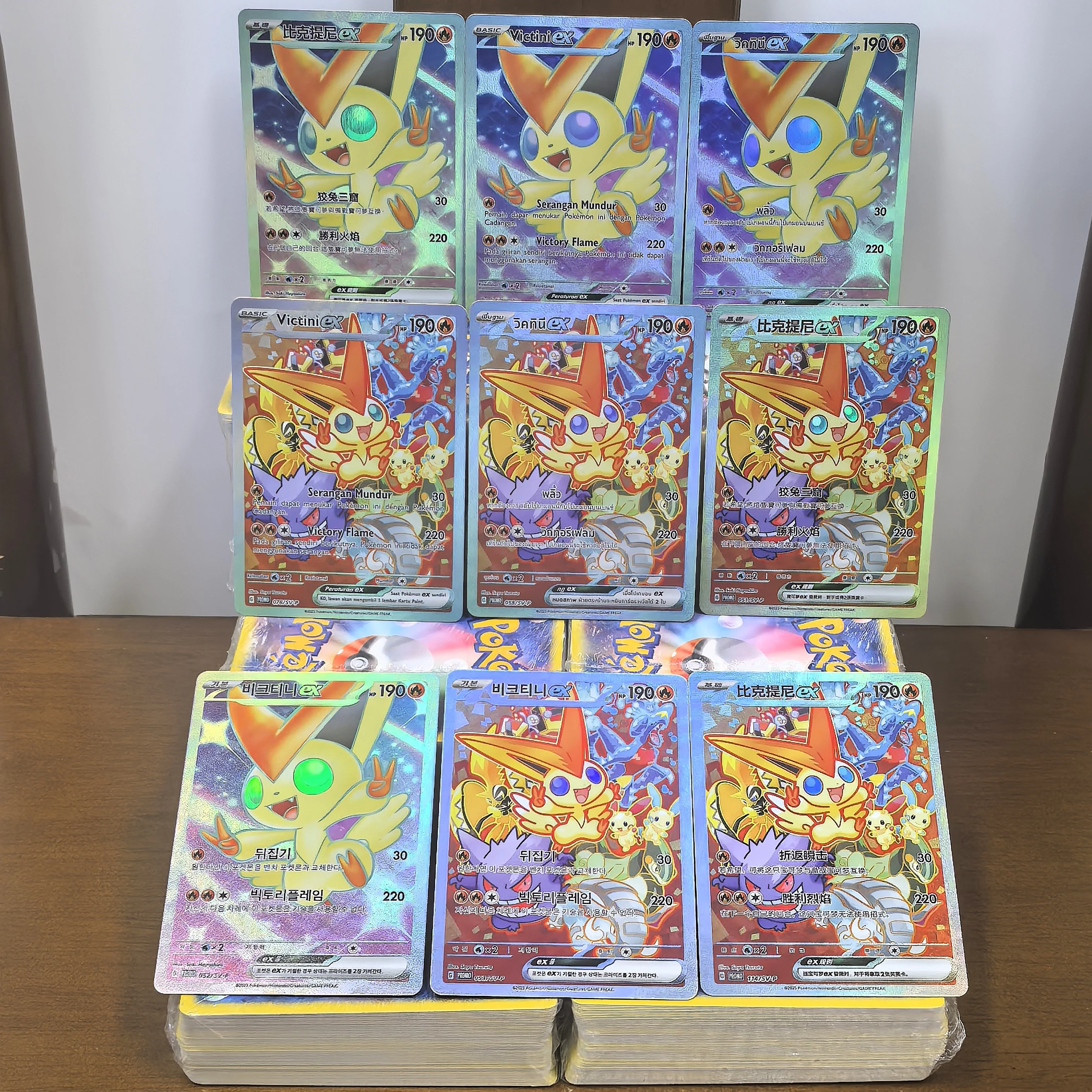 

Pokemon Collection Cards English Thai language Korean Victini Chinese RARE Self Made Single Card Classic Game Anime Cards Gift