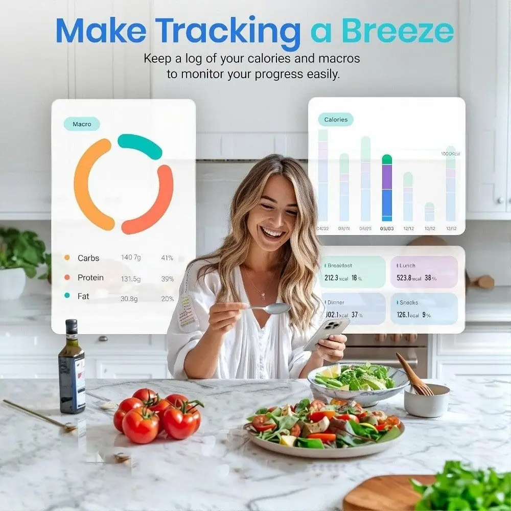 

Умные весы для измерения пищевых веществ из нержавеющей стали с бесплатным приложением, отслеживанием 19 питательных веществ, калькулятором и трекером состава питания