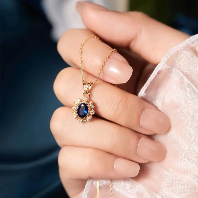 Elegant 925 Silver Blue Sapphire Oval Pendant Synthetic Gemstone Geometric Charm Locket For Necklace Luxury Women Accessories