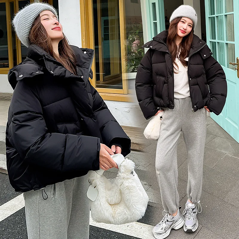 Women Parkas Coat Hooded Short Jacket Solid Zipper Pocket Drawstring Long Sleeve Thick Loose Fit Office Lady Casual 2025 Winter