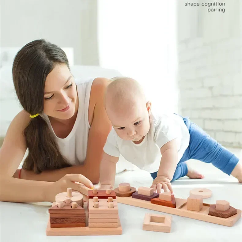 Hoge kwaliteit houten geometrische vorm Kolomblok Ouder-kind interactie Puzzel leuk Interactief speelgoed baby verjaardag beste cadeau