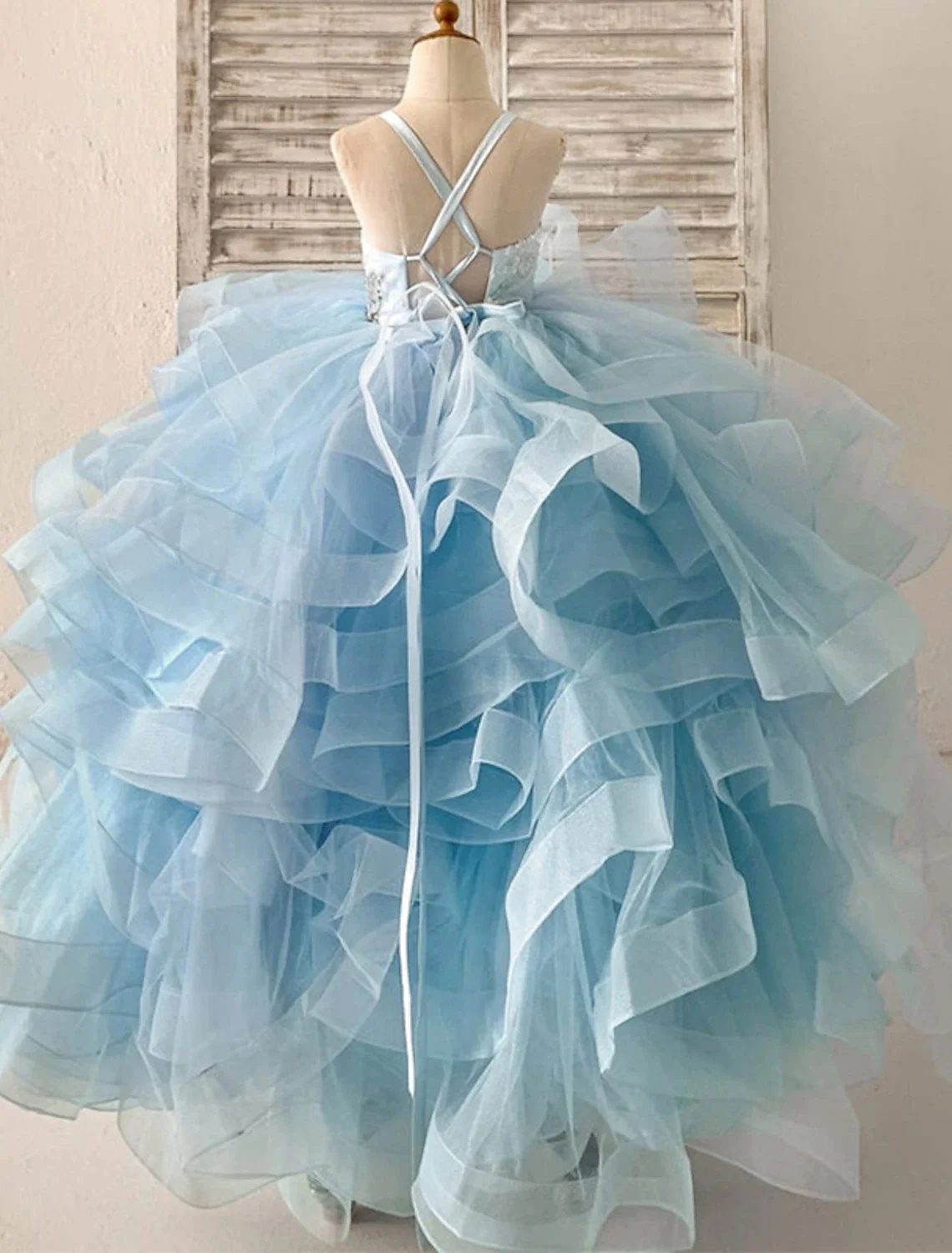 Princess Ball Gown Flower Girl Dress First Communion Prom Tulle Satin with Beading Open Back Tiered Fit 3-16 Year