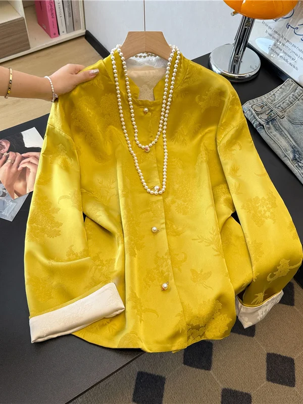 

Double-Sided Wear Heavy Embroidery Satin Jaet Pearl Button Stand Collar Long Sve Ele National Sle Tang Costume Top