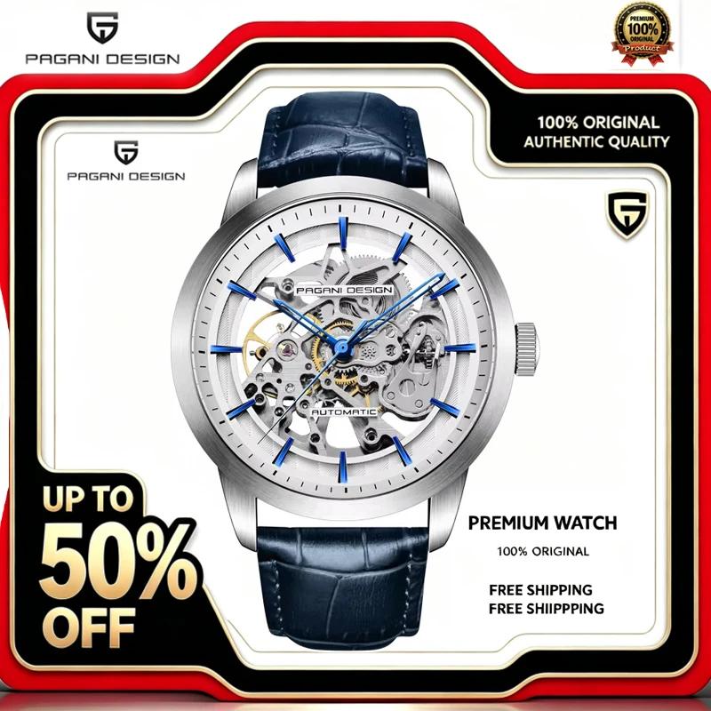PAGANI DESIGN 2026 New Skeleton Men's Mechanical Watches Top Luxury Automatic Watch Men Blue Leather Waterproof Wrist Watch Men