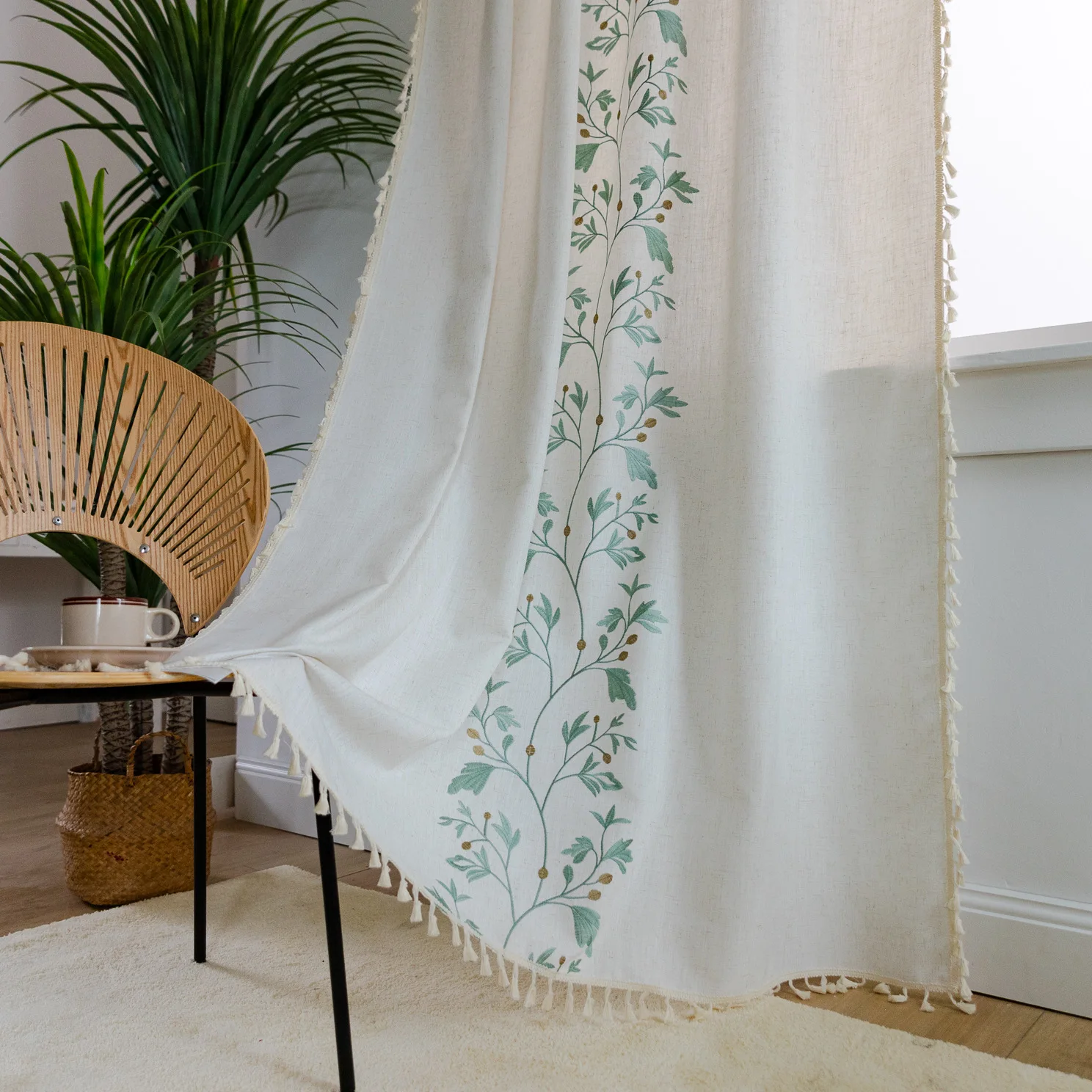 

Boho Floral Curtains, Bohemian Country Farmhouse Window Treatment Cotton Linen Drape with Tassels for Bedroom, Rod Pocket