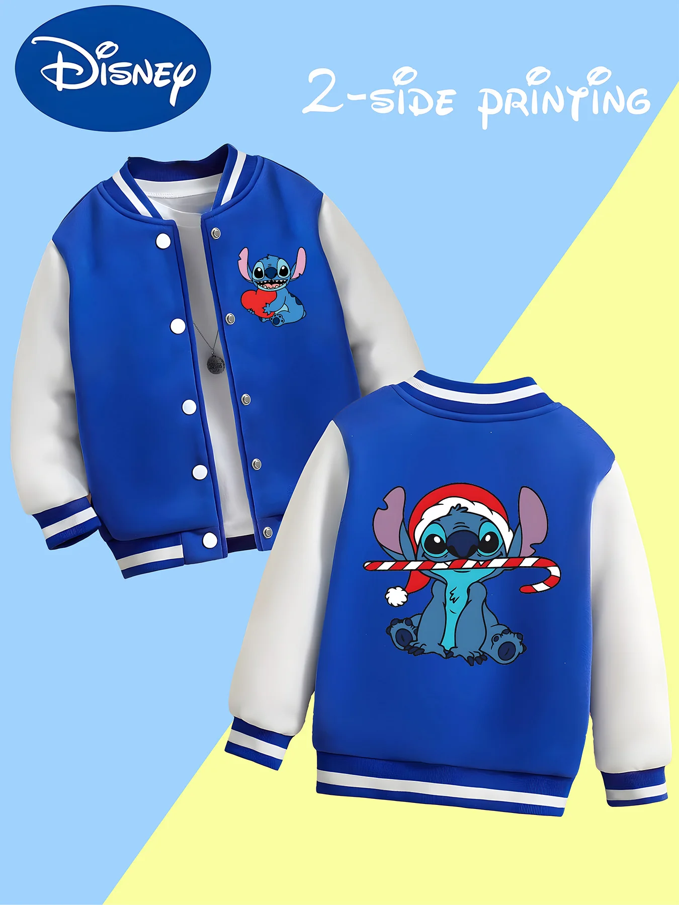 سترة بيسبول MINISO Disney Christmas Stitch للأولاد - طباعة عيد الميلاد على الوجهين، مثالية لملابس المدرسة في الخريف والشتاء