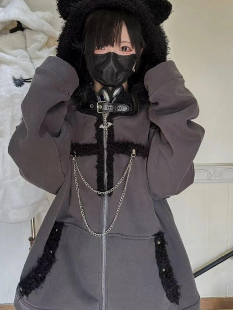 

Y2k милая толстовка с ушками, женская весенне-осенняя утолщенная теплая верхняя толстовка, новинка 2025 года, свободные куртки на молнии с длинными рукавами