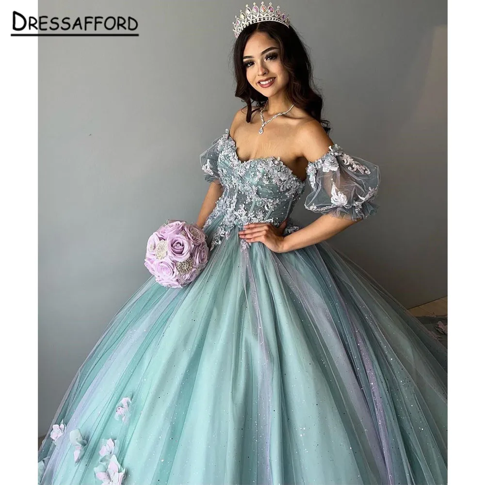 Robe de Rhà manches courtes bouffantes, robes de Quinceanera à fleurs, appliques transparentes, fête de princesse formelle