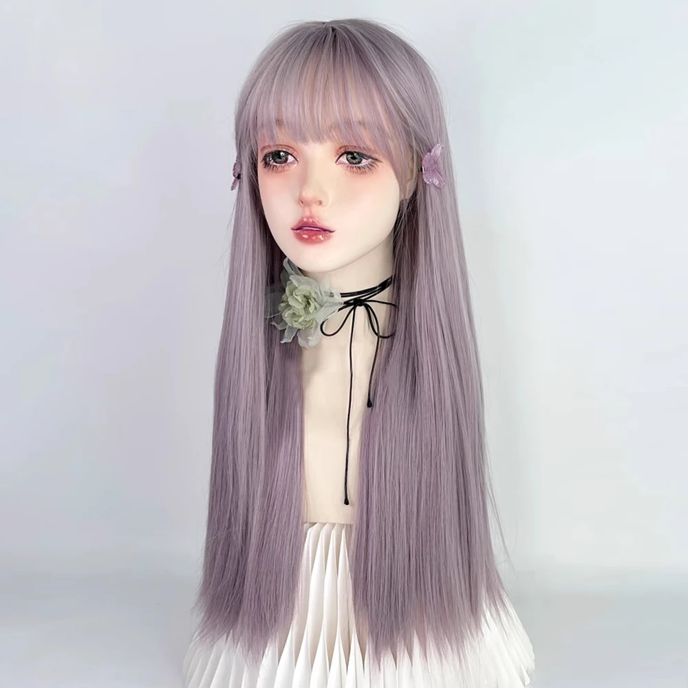 Gray Purple Synthetic Long Straight Women Wig with Bangs Middle Part Lolita Cosplay Fluffy Hair Wig for Daily Party